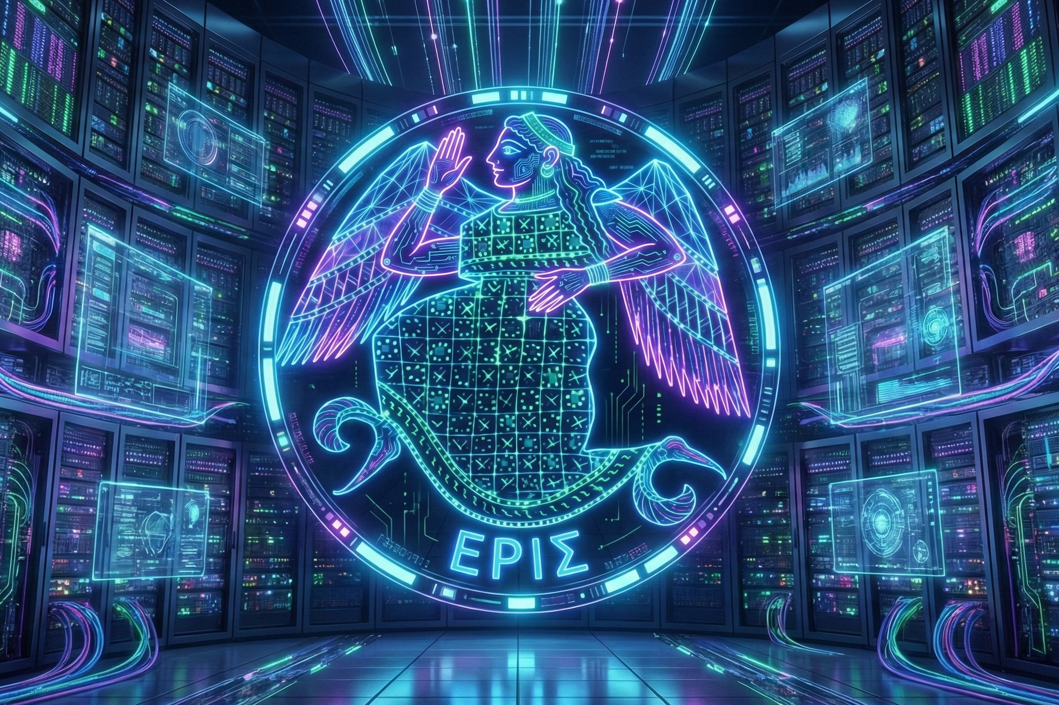 LED light display of Eris goddess of disruption in blue and purple