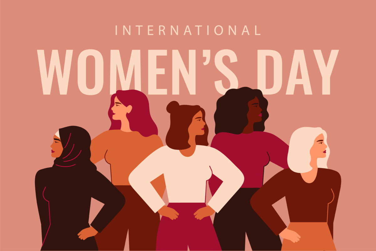 International women’s day graphic image of 5 women stood facing outwards.