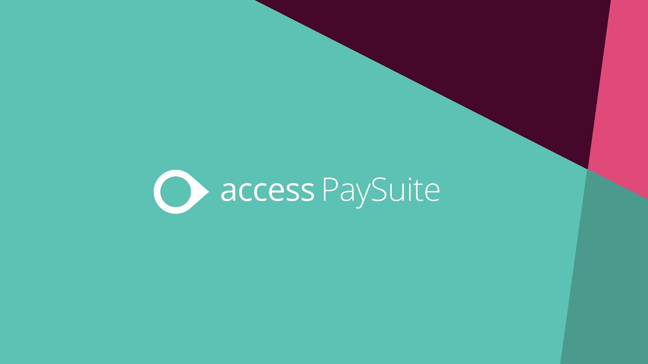 Green background burgundy pink shape with ‘access PaySuite’ in white